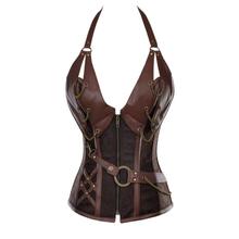 2016 Women 14 Steel Bone Steampunk Corsets Black Brown Faux Leather Vintage Bustiers Halter Corset With Thong XS-5XL W31018