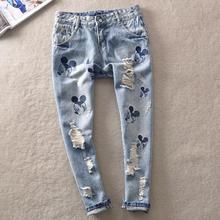 Hot sale Mickeying embroidery Patchwork hole jeans loose thin harem pants Fashion Nine points jeans Vintage Girls Denim Pants