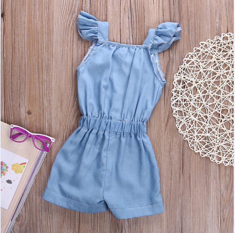 V-A-O-L Summer Baby Girl Denim Blue Cotton Washed Jeans Sleeveless Bow-Knot Jumpsuit