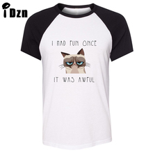 iDzn Raglan Short Sleeve Men T shirt Funny Grumpy Cat Quotes I Had Fun Once It Was Awful T-shirt Unisex Summer sports Tee Tops