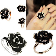 Hot Sale 2015 New Arrival Black Rose Flower Cute Female Ring with Rhinestones Free Shipping Wholesale and Retails Best Gift ln