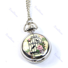 M89 2Pcs Lot Antique Vintage Bird Cage Rose Quartz Pocket Watch Pendant Necklace Chain Gift Free