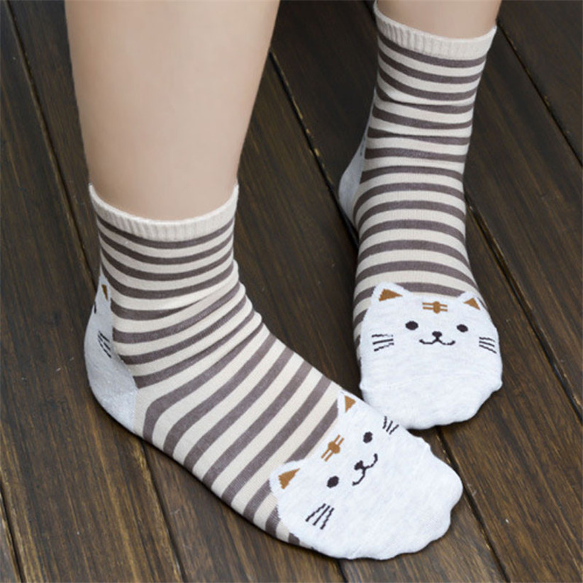 Newly Design Cute Cartoon Cat Socks Striped Pattern Women Cotton Sock Winter Aug10
