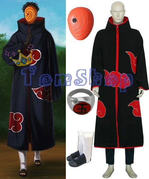 Anime Naruto Akatsuki Tobi Madara Uchiha Deluxe Cosplay Costume 6 in 1 Wholesale Combo Set (Cloak+T-Shirt+Pants+Boots+Mask+Ring)