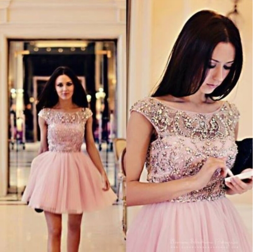 Chic Bateau A Line Mini Length Sleeveless V Back Beaded Pink Short Prom Dress 2015 Vestidos