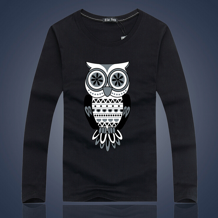 Free Shipping New 2015 Fashion Brand Designer Men Cotton T Shirts Casual Long Sleeve Owl Print T-shirt High-quality Men T-shirt