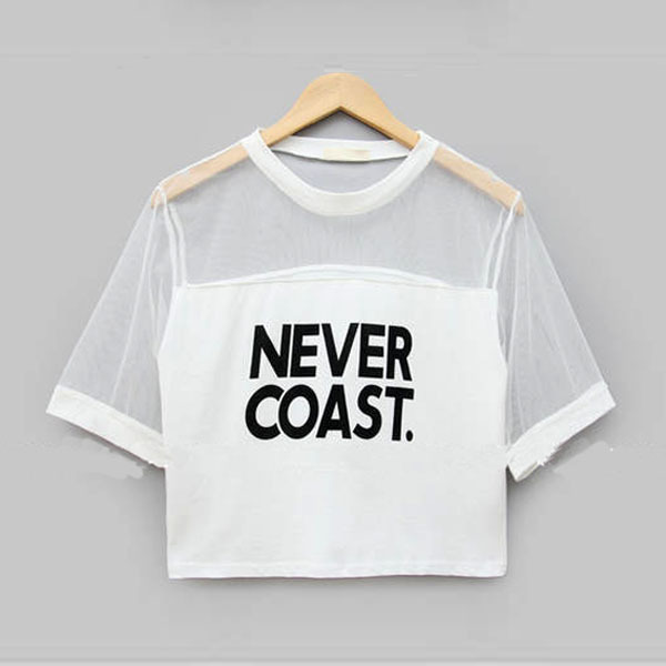 2015 New Sexy Women Girls Loose Crop Top T Shirt Crew Neck See through Gauze Tops