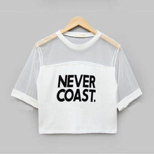 2015 New Sexy Women Girls Loose Crop Top T Shirt Crew Neck See through Gauze Tops