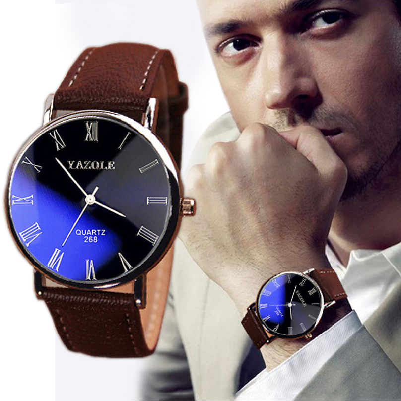Brand New Brown Luxury Fashion Faux Leather Mens Quartz Analog Watch Casual Male Business Watches Top