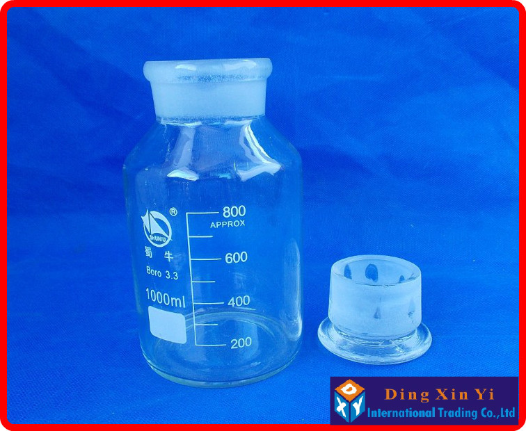(2 pieces/lot)1000ml Wide mouth reagent bottle, Glass reagent bottle  with ground-in glass  stopper,Transparent glass bottle