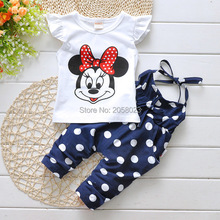 Retail 2016 Summer Style Children Clothes Minnie Dot Girls Short Sleeve T-Shirt+Overalls Outfits Bebes Clothing Vestidos