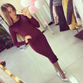 2016 New Cotton Long Sleeve Knee Length Midi Dress Slim Bodycon Bandage Autumn Black Wine Red