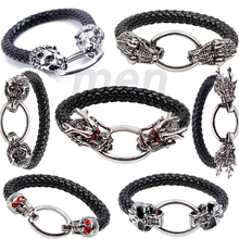 Fashion personality cool mens skull punk bracelet stainless steel genuine leather bracelet for men