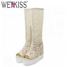 Fashion Cut-out Mesh Platform Knee High Shoes Summer Shoes Standard Size Medium Heels Open Toe Summer Boots Over Knee Boots