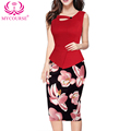 MYCOURSE New Fashion Womens Printing Sleeveless Sexy Party Dress False Two piece Pencil Work Elegant Printed