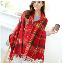 2015 New Brand Quality Cashmere Women ‘s Plaid Button Scarf Front Tassel Trim Warm Shawl Cape Pashmina Poncho desigual Scarves