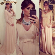 Elegant Long Plus Size Champagne V Neck Long Sleeve Bow Empire Court Train Chiffon Maternity Evening