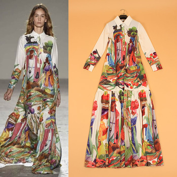 High Quality Newest Fashion Runway Maxi Dress Women Long Sleeve Retro Art Printed Designer Long Dress 2015 Summer Maxi Dress