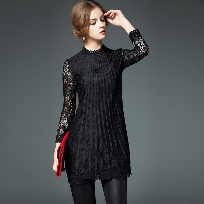 2016 New Arrival Women's Fashion O-neck Lace Perspective Sexy A-Line Dress Women Casual Spring Long Sleeve Slim Dress CQ0009