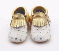 New white with gold dots leather baby Moccasins Shoes Leather Tassels 2016 Newborn First Walkers Soft