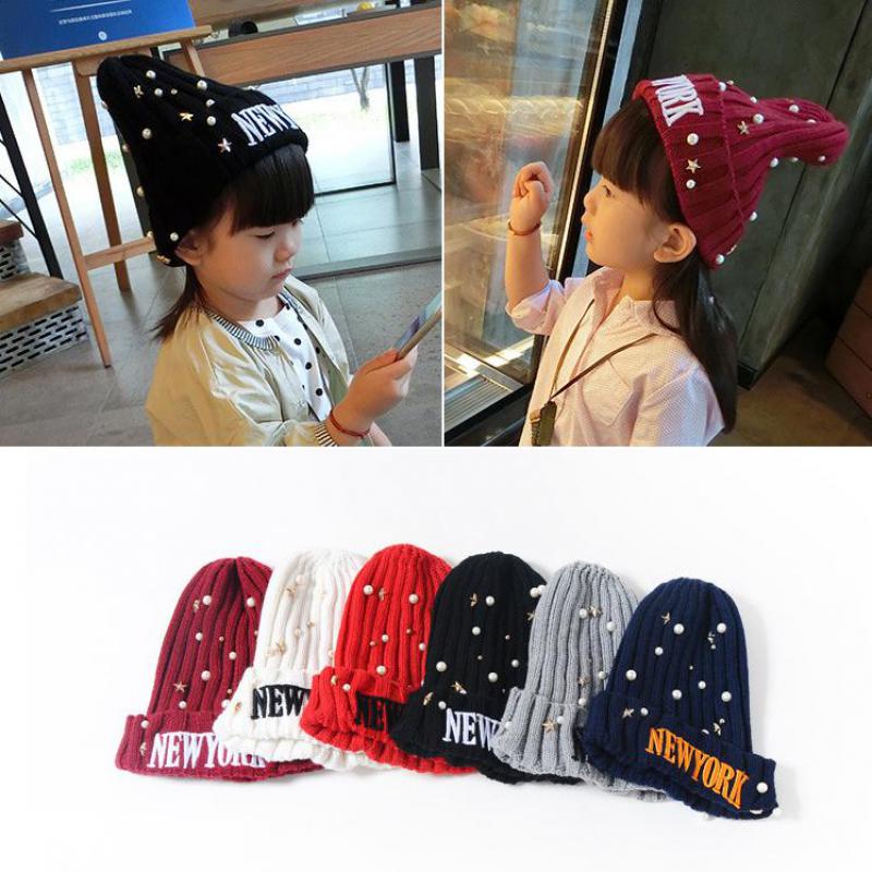 2015 new knitting with snow dots NEWYORK letter design baby hats cute girls caps winter warm chindren hats kids sports hats