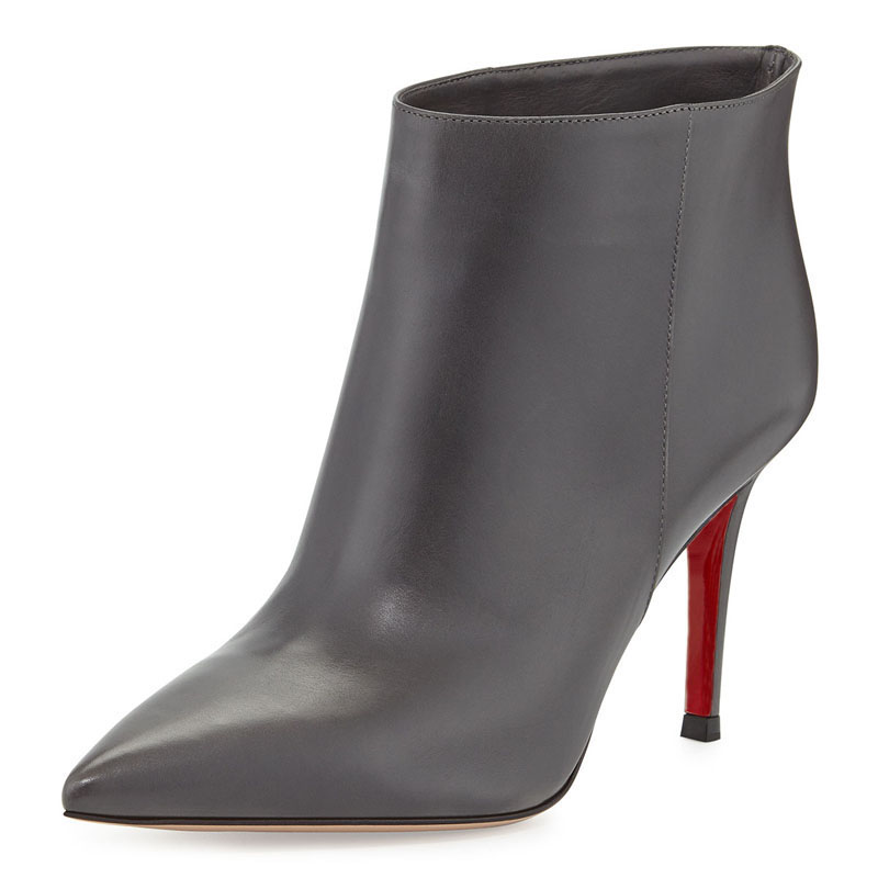 2015 New Pointed Toe Ankle Boots Lady Dark Grey Leather Red Bottom ...