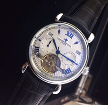 Marca de lujo de cuero Tourbillon hombres de acero inoxidable VC movimiento automático reloj para hombre auto viento relojes de pulsera mecánicos