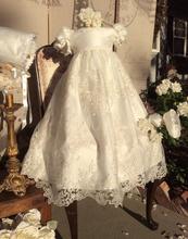 2016 Infant Baby Girl Christening Dress Todder Baptism Gown Lace Satin White/Ivory With Bonnet Free Shipping