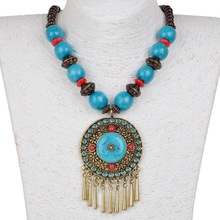 Ethnic Bohemian Necklace for Women Vintage Retro Copper Fringe Long Necklace Women Resin Wood Beads Necklace