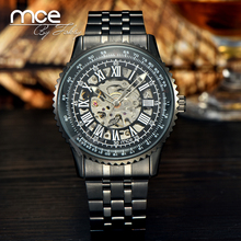 MCE Black Skeleton Designer Blue Engraving Clock Men Leather Strap Mens Watches Top Brand Luxury Automatic Watch Montre Homme