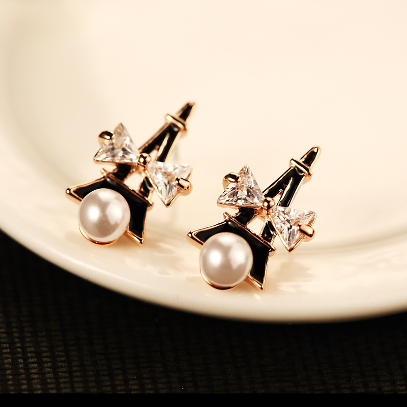 Korean Female Butterfly Zircon Pearl Earrings Tower Channel Earring