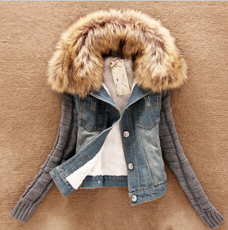 2015 New Women s Autumn Denim Jacket Women Winter Coat Slim Yarn Large Fur Collar Lamb
