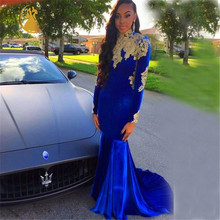 2016 High Neckline Open Back Gold Appliques Long Sleeves Royal Blue Velour prom Dresses Luxury Party Gowns Dress