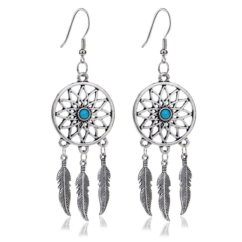Charming Jewelry Dream Catcher Ear Drop Turquoise Feathers Earrings Color Silver Plated EAR-0780