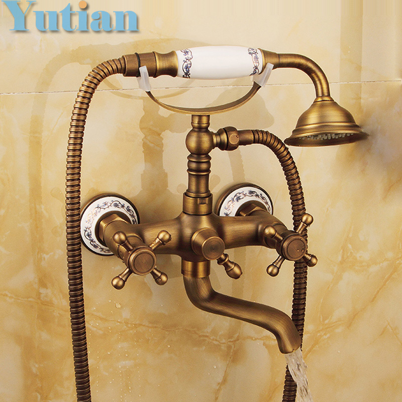 Free shipping Bathroom Bath Wall Mounted Hand Held Antique Brass Shower Head Kit Shower Faucet Sets YT-5344