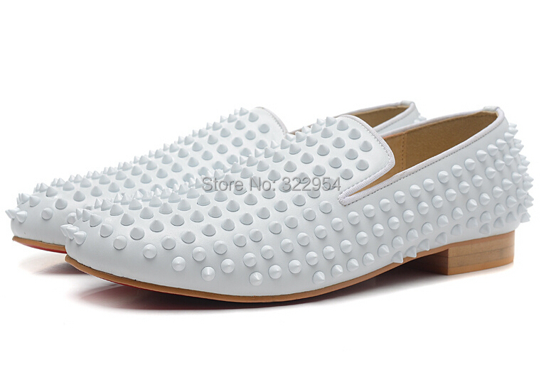 Online Shop White leather spikes dress shoes red bottom men shoes ...