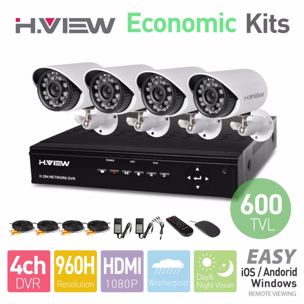 H View 4CH CCTV System 960H DVR HDMI 4PCS 600TVL IR Weatherproof Outdoor CCTV Camera Home