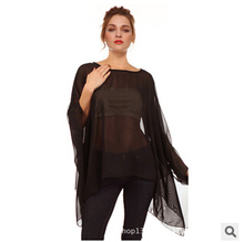 2015 Autumn New Round neck bat sleeve t shirt sexy perspective women s chiffon loose irregular