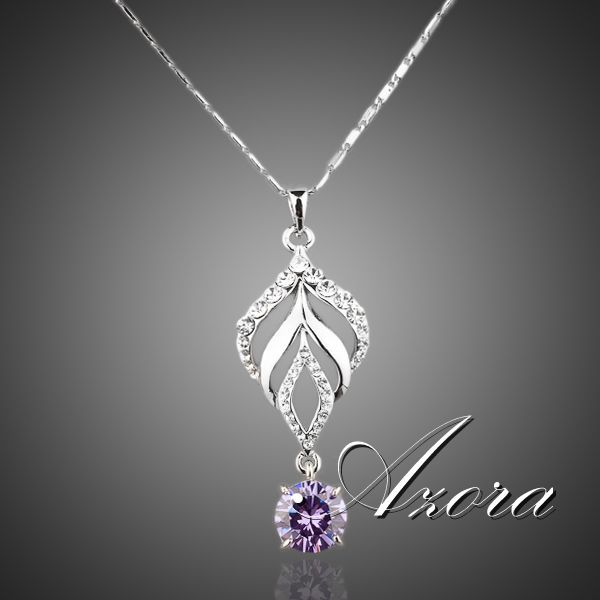 Platinum Plated SWA ELEMENTS Austrian Crystals Purple Water Drop Pendant Necklace FREE SHIPPING!(Azora TN0005)