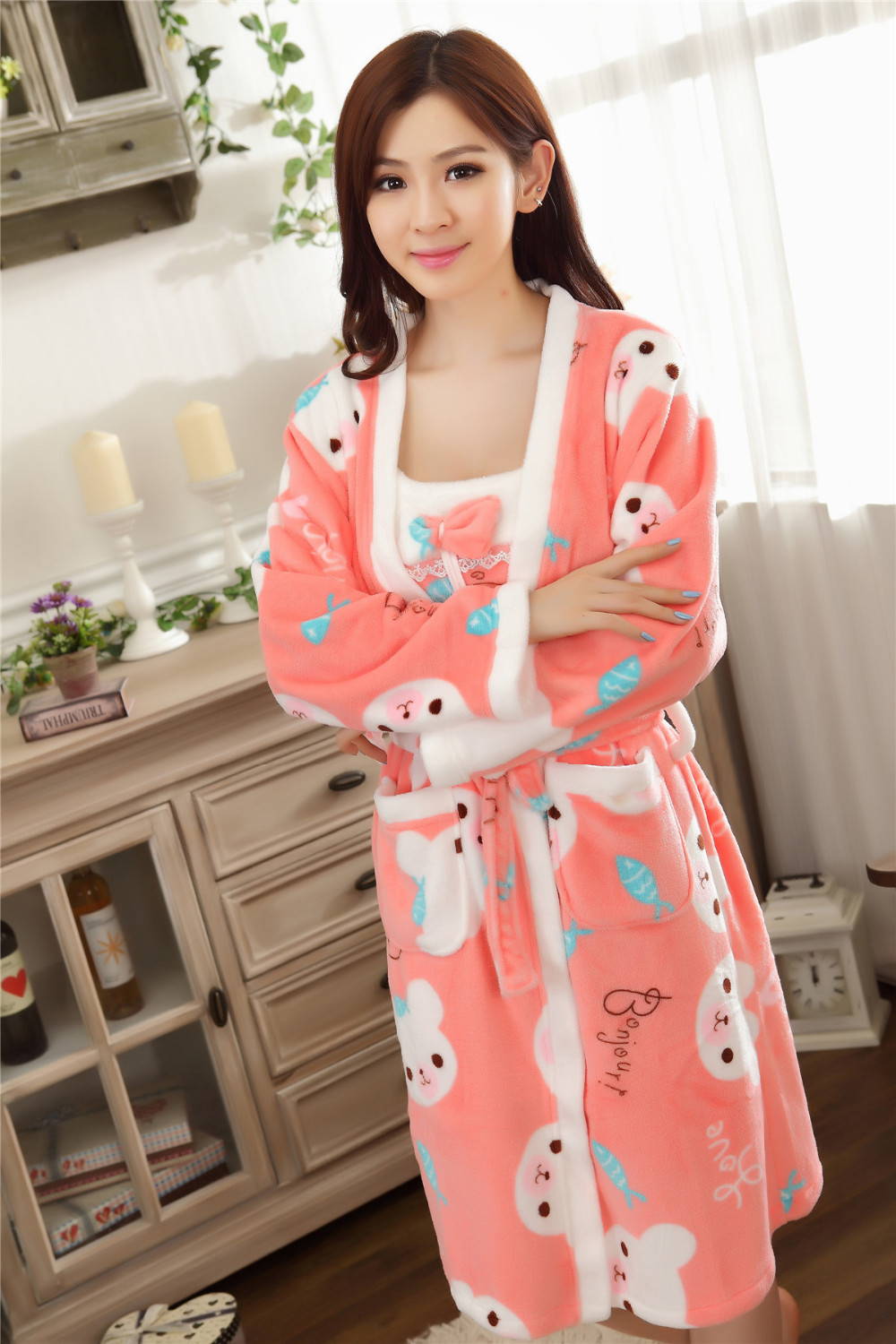 Free Shipping Winter Thick Flannel Pajamas Nightgown For Women Casual Long-Sleeved Sleepwear_6