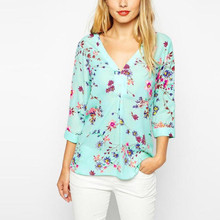 Women Fashion Blouse 2015 Feminine Flower Printed Blusa Front Short Back Tops Long Style Ladies Loose Women Shirt