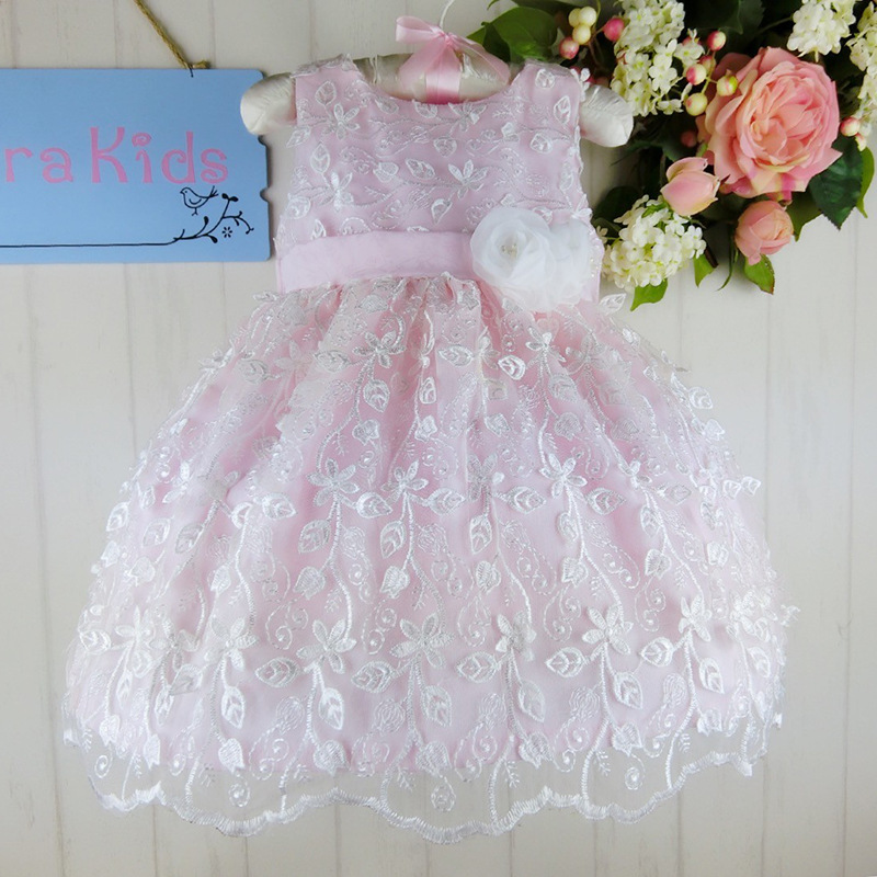 Wholesale lace ball gown kid girls dress a white flower in middle party dress Size :1-6  6pcs/1lot   20140215
