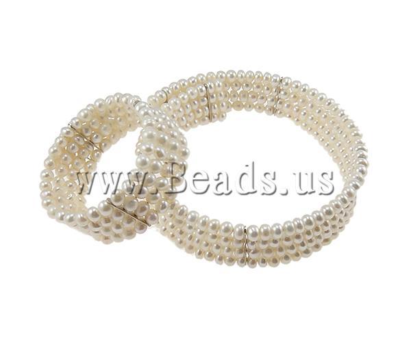 Free Shipping 7.5 14 Inch 5x6mm White Color Bracelet & Necklace Round 4-strand Natural Cultured Freshwater Pearl Jewelry Sets