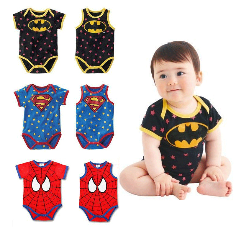 2016 New Fashion Summer Baby Romper Baby Boys Girls Superman Batman Spiderman Rompers Cotton Short Sleeve Sleeveless Jumpsuits