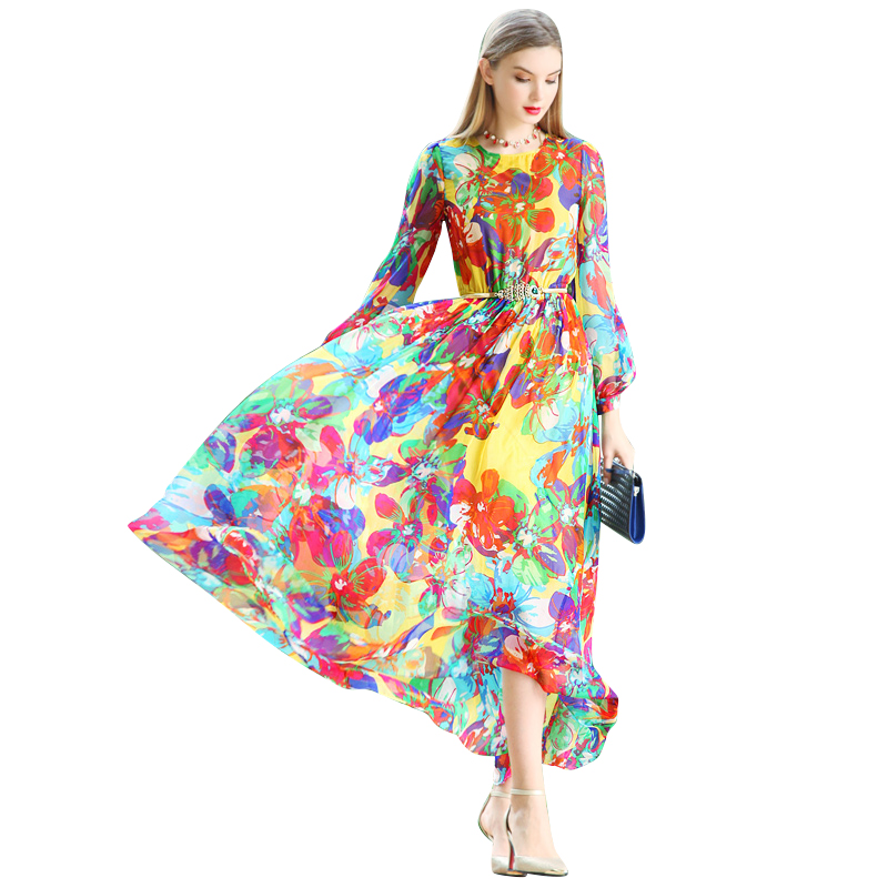 2016 Summer Long Dresses High Quality 100% Silk Women Plus Size Long Sleeve Printed Maxi Vestidos Robe Femme 2053