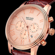 Megir hombres reloj marca 100% cuero genuino de la correa multi función dial relojes militares, relojes de cuarzo rosa de oro, reloj mujer
