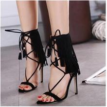 2016 New Fashion Valentine Pumps Whims Tassels Cross Straps Roman Style High Heels Stiletto Shoes Gladiator Sandals