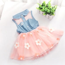 Hot!New summer baby girls dresses,fashion flower printed denim cotton lace collect waist sleeveless kids clothes one-piece 02(China (Mainland))