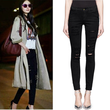 Frame denim mid waist hole denim skinny jeans female black star style pencil pants