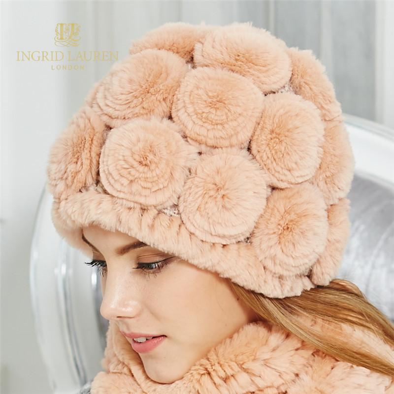 Фотография Russia Genuine Rabbit fur hat knitted hat female winter Ms. Rose headdress female fur beanie MZ090